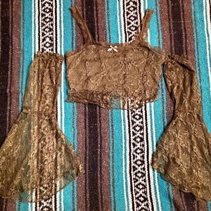 Y2k Lace Crop Top XS Bell Sleeves Green Fairy Britney Christina Boho Olsen